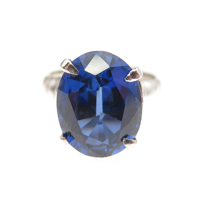 925 Sterling Silver Vintage Oval-Cut Lab-Created Sapphire Ring Size 4.75