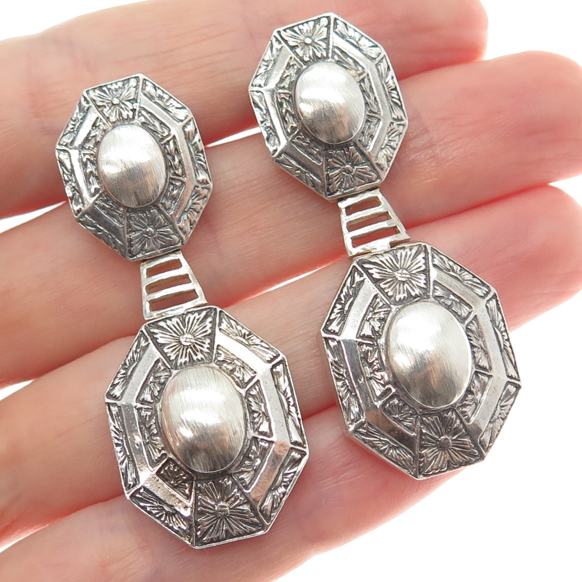 ANATOLI 925 Sterling Silver Vintage Engraved Flower Oxidized Dangle Earrings