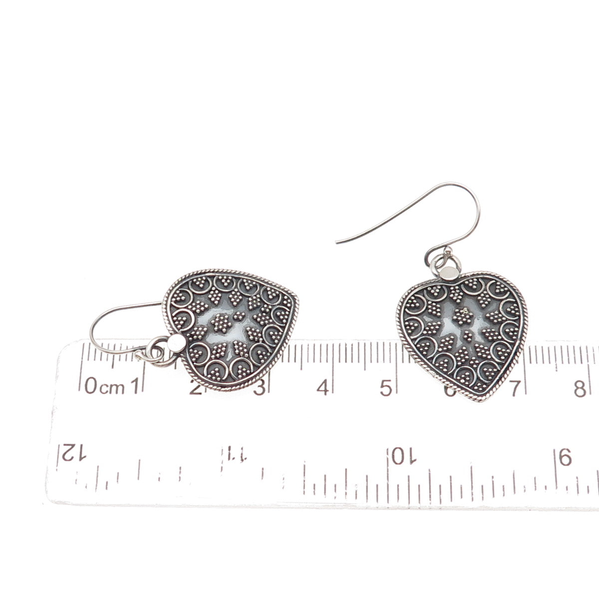 925 Sterling Silver Vintage Heart Granulated Oxidized Dangle Earrings