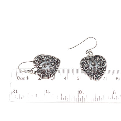 925 Sterling Silver Vintage Heart Granulated Oxidized Dangle Earrings
