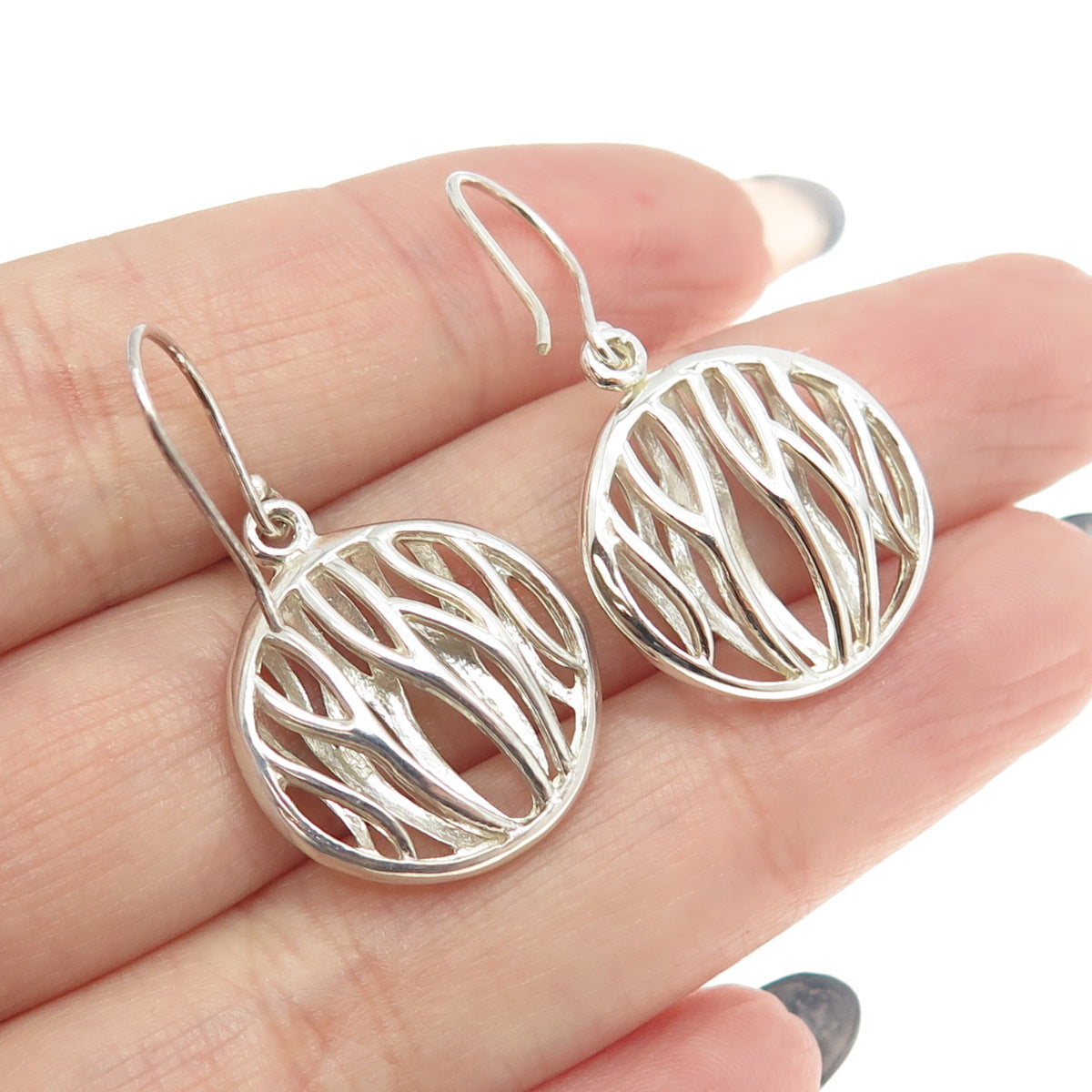 925 Sterling Silver Modernist Wavy Round Dangling Earrings