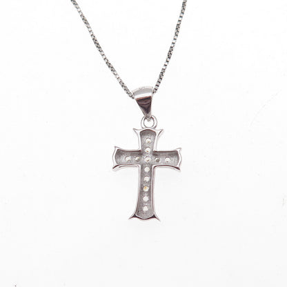 925 Sterling Silver Round-Cut C Z Cross Box Chain Necklace 18"
