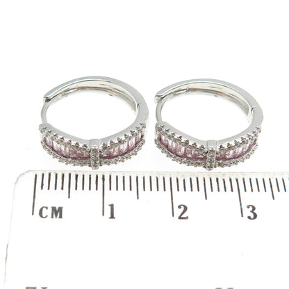 925 Sterling Silver White & Pink C Z Huggie Earrings