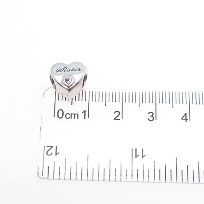 PANDORA 925 Sterling Silver Purple C Z Sister Heart Slide Bead Charm