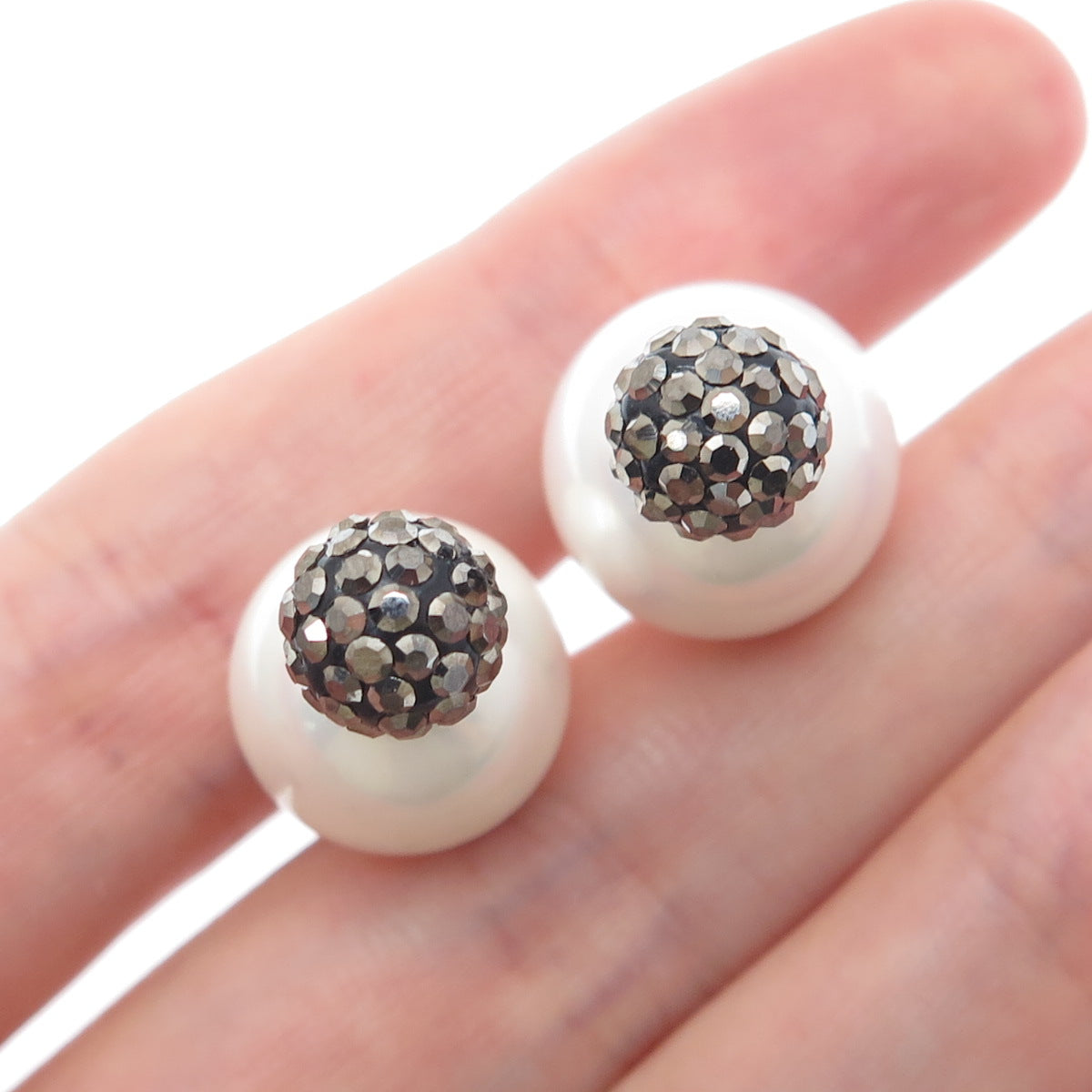 925 Sterling Silver Real Marcasite & Faux Pearl 10mm Double Sided Stud Earrings