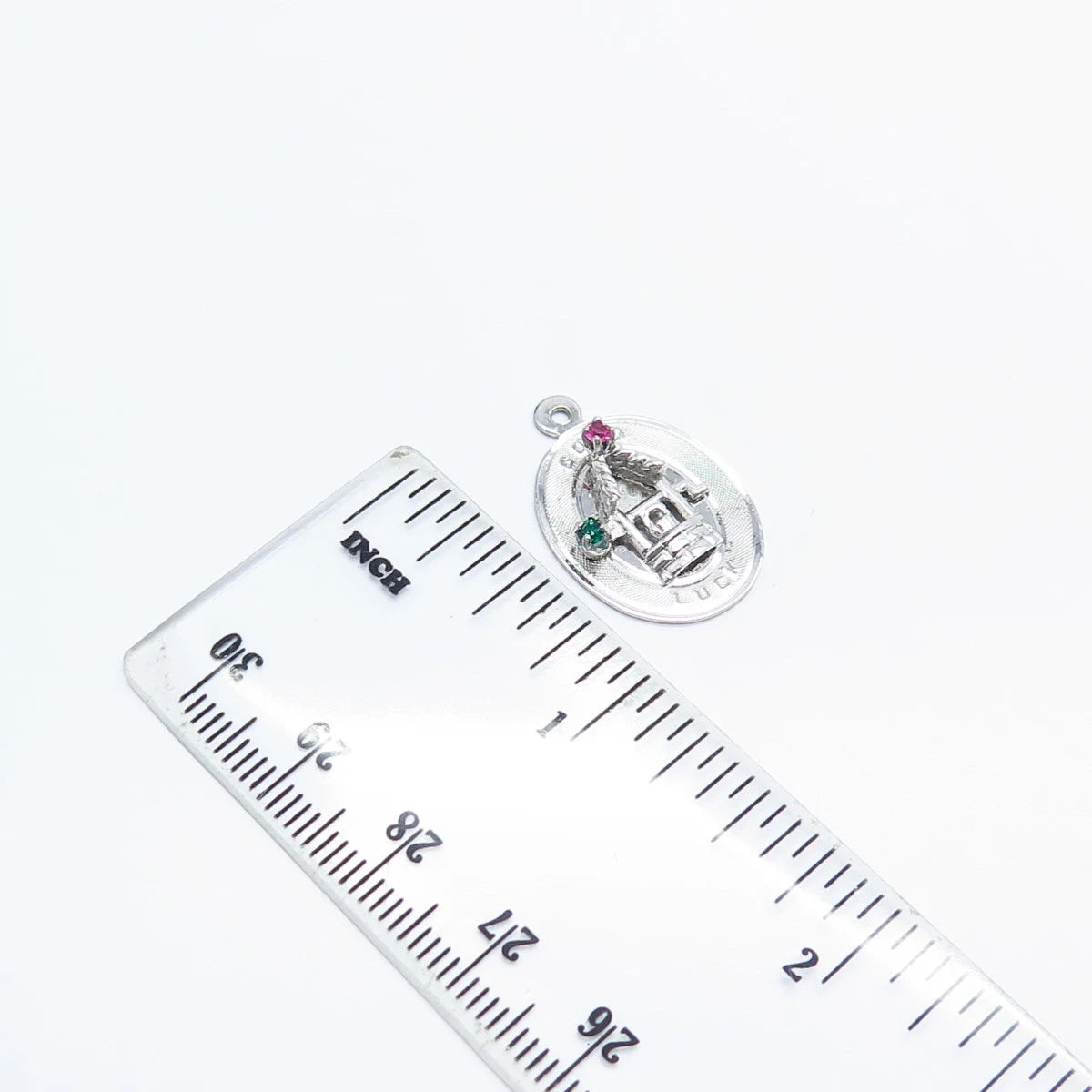925 Sterling Silver Vintage Pink & Green Rhinestone "Good Luck" Charm Pendant