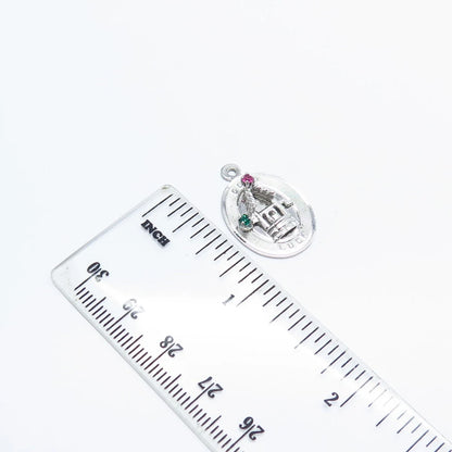 925 Sterling Silver Vintage Pink & Green Rhinestone "Good Luck" Charm Pendant