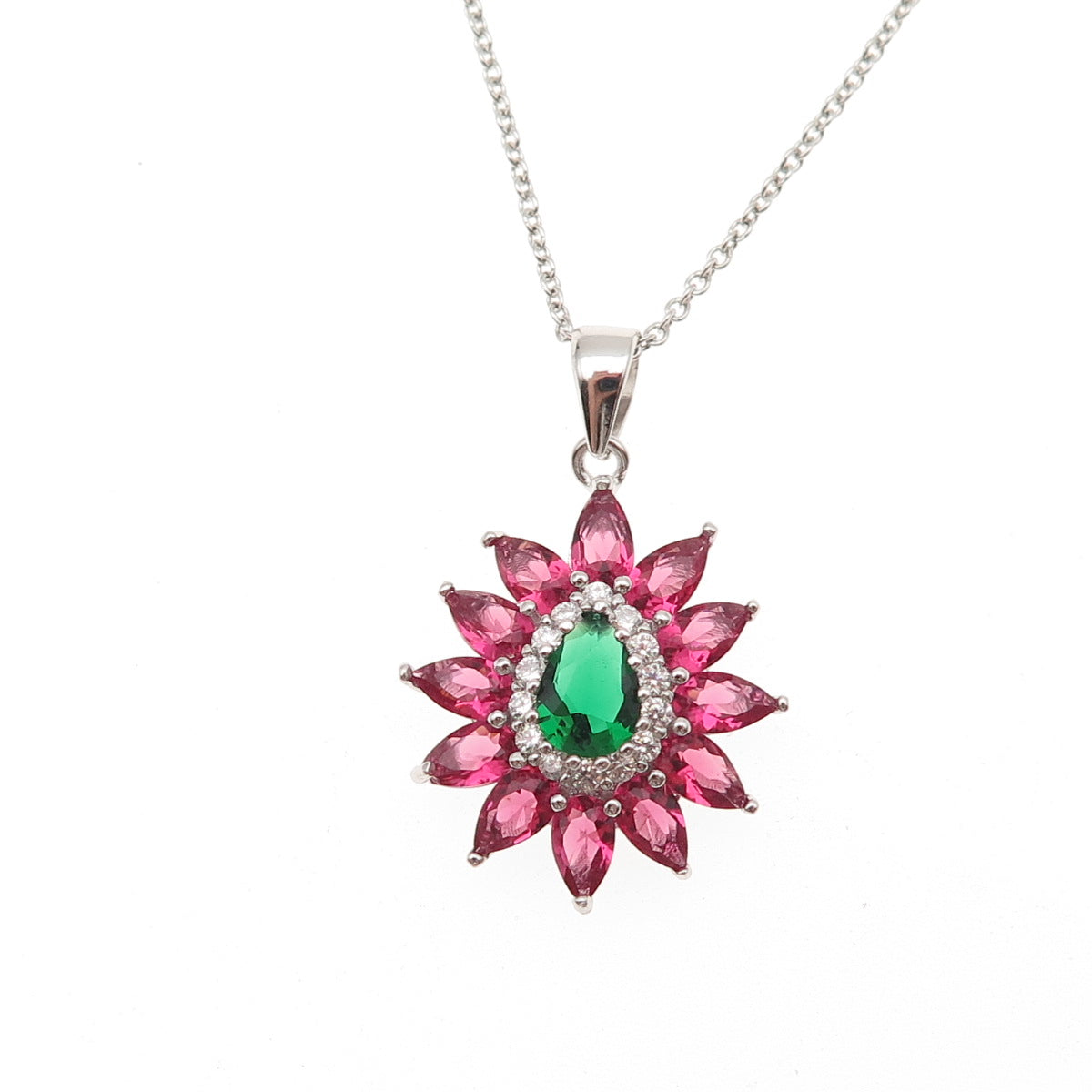 925 Sterling Silver Multi-Color C Z Floral Cable Chain Necklace 18"