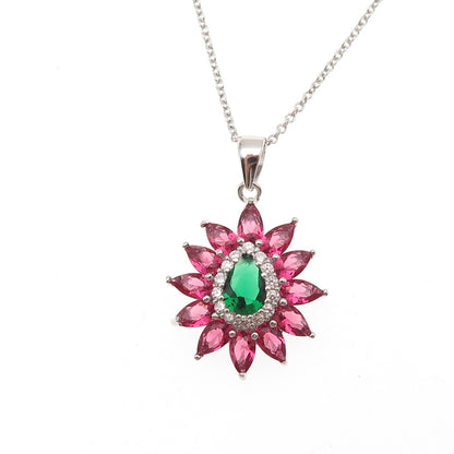925 Sterling Silver Multi-Color C Z Floral Cable Chain Necklace 18"
