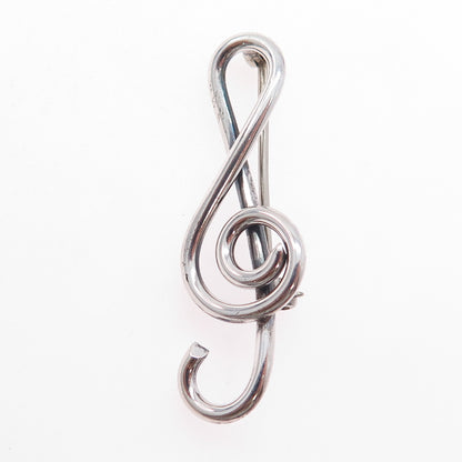 925 Sterling Silver Antique Art Deco Treble Clef Music Note Hollow Pin Brooch