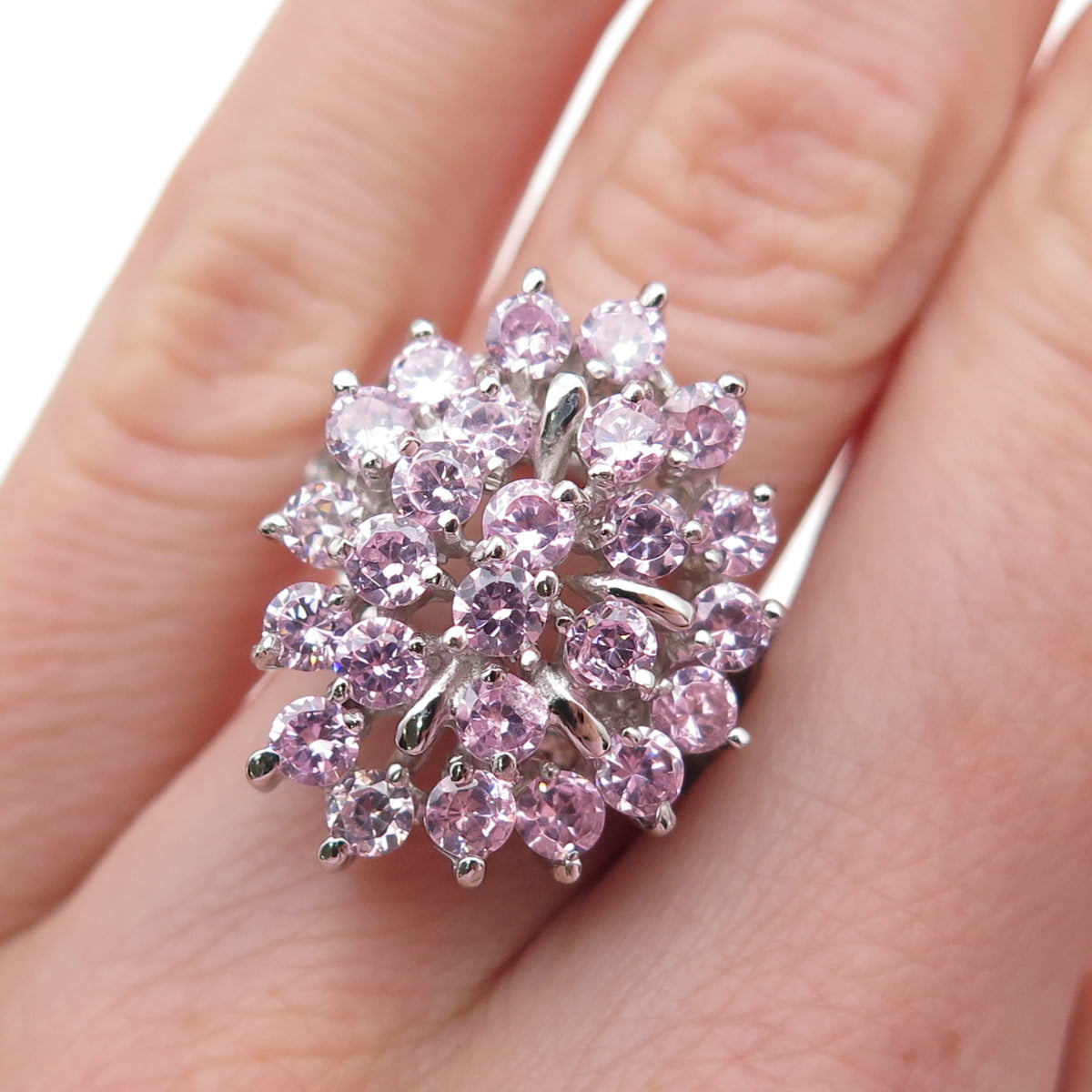 925 Sterling Silver Round-Cut Pink C Z Cluster Ring Size 5.25