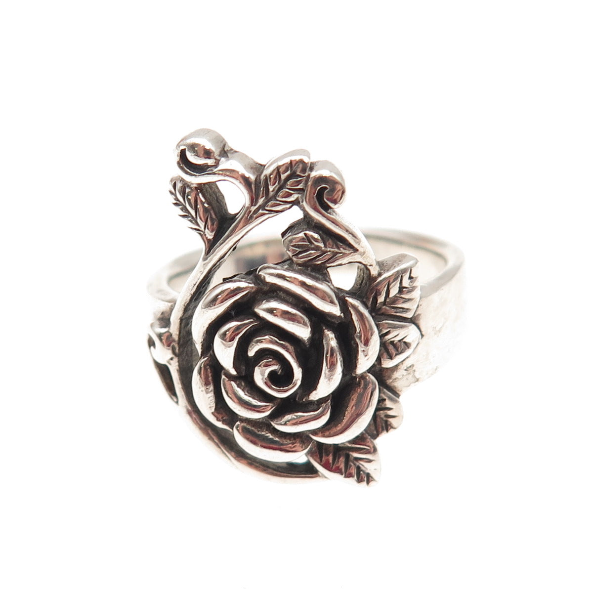 925 Sterling Silver Vintage Rose Flower Oxidized Ring Size 7.75