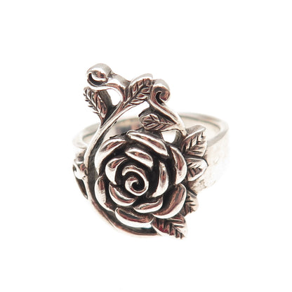 925 Sterling Silver Vintage Rose Flower Oxidized Ring Size 7.75