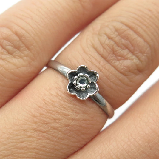925 Sterling Silver Vintage Blue Rhinestone Floral Blossom Ring Size 6.75