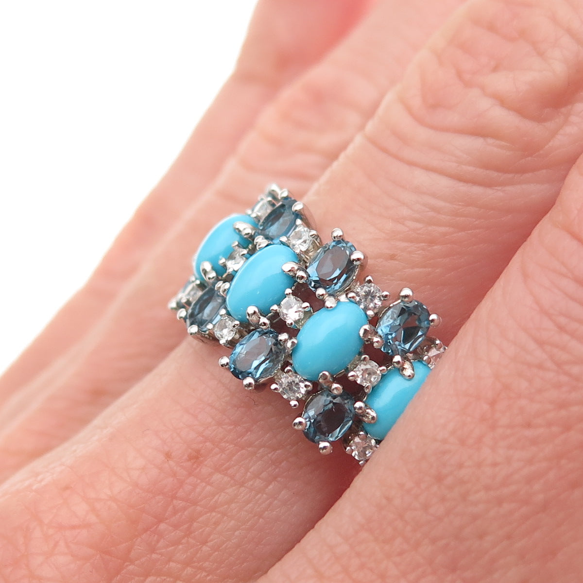 Pinctore Sterling Silver Real Turquoise London Blue & White Topaz Ring Size 8.25