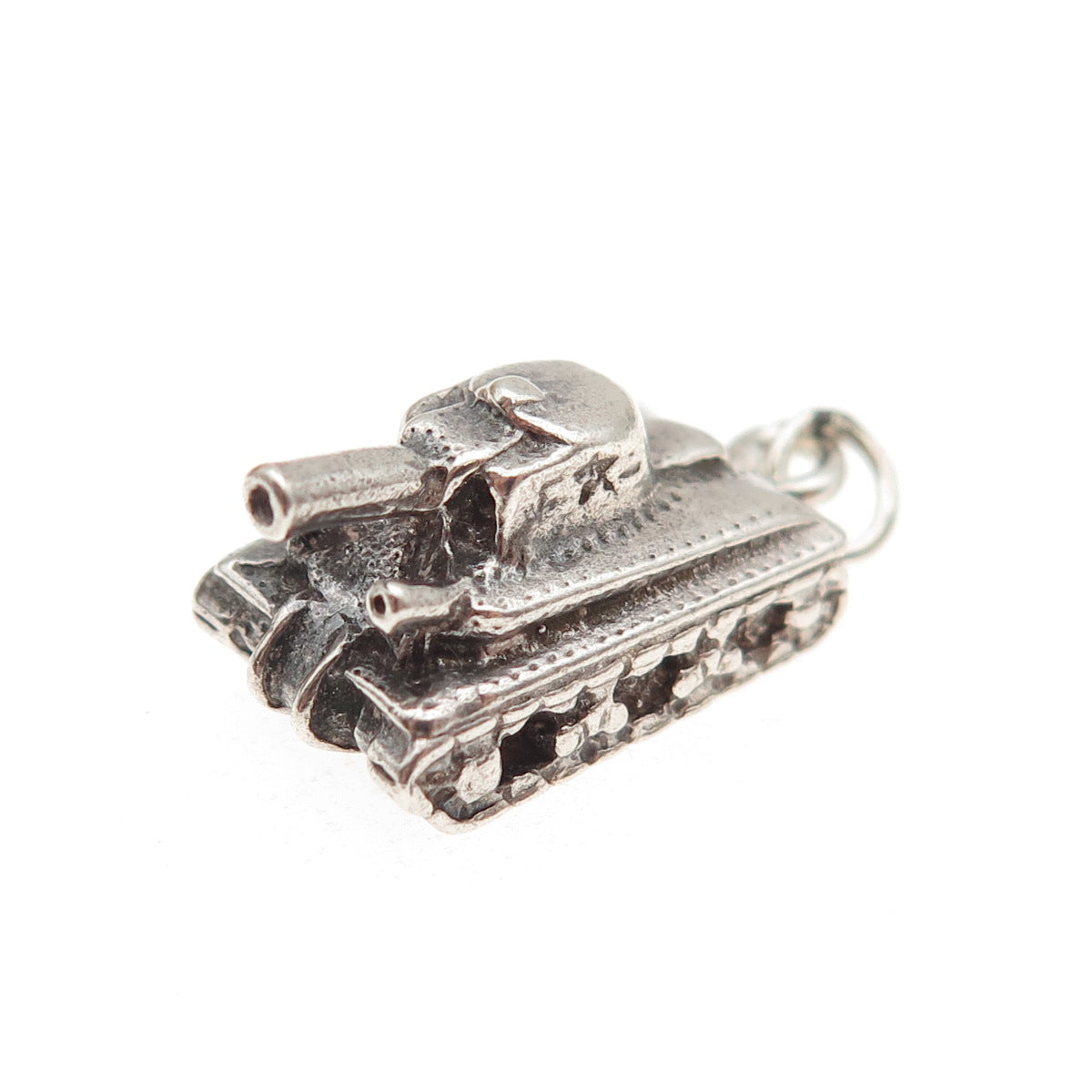 925 Sterling Silver Vintage Military Tank Oxidized 3D Mini Charm Pendant