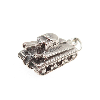 925 Sterling Silver Vintage Military Tank Oxidized 3D Mini Charm Pendant