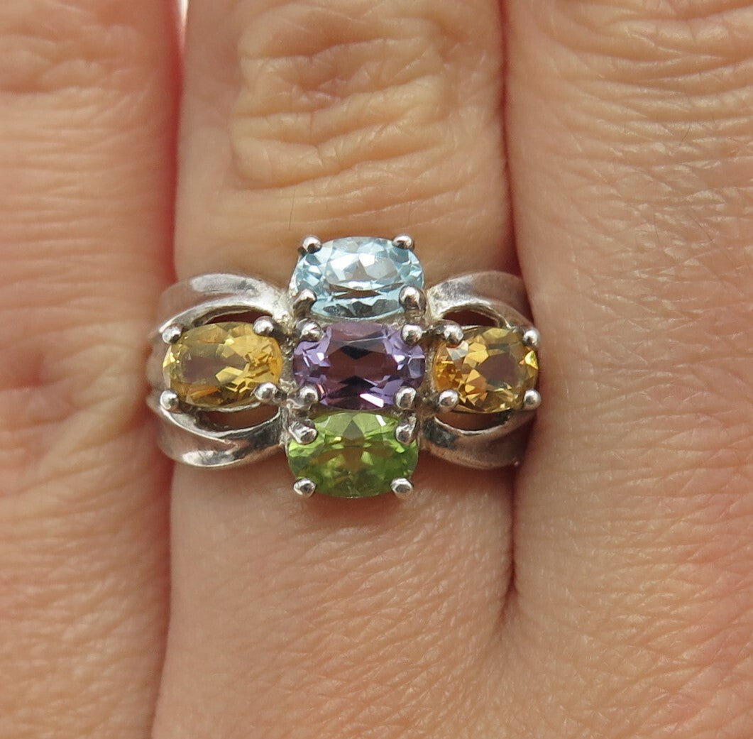 925 Sterling Silver Vintage Real Topaz Amethyst Citrine & Peridot Ring Size 6.25