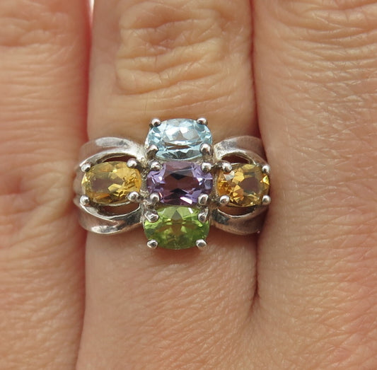 925 Sterling Silver Vintage Real Topaz Amethyst Citrine & Peridot Ring Size 6.25