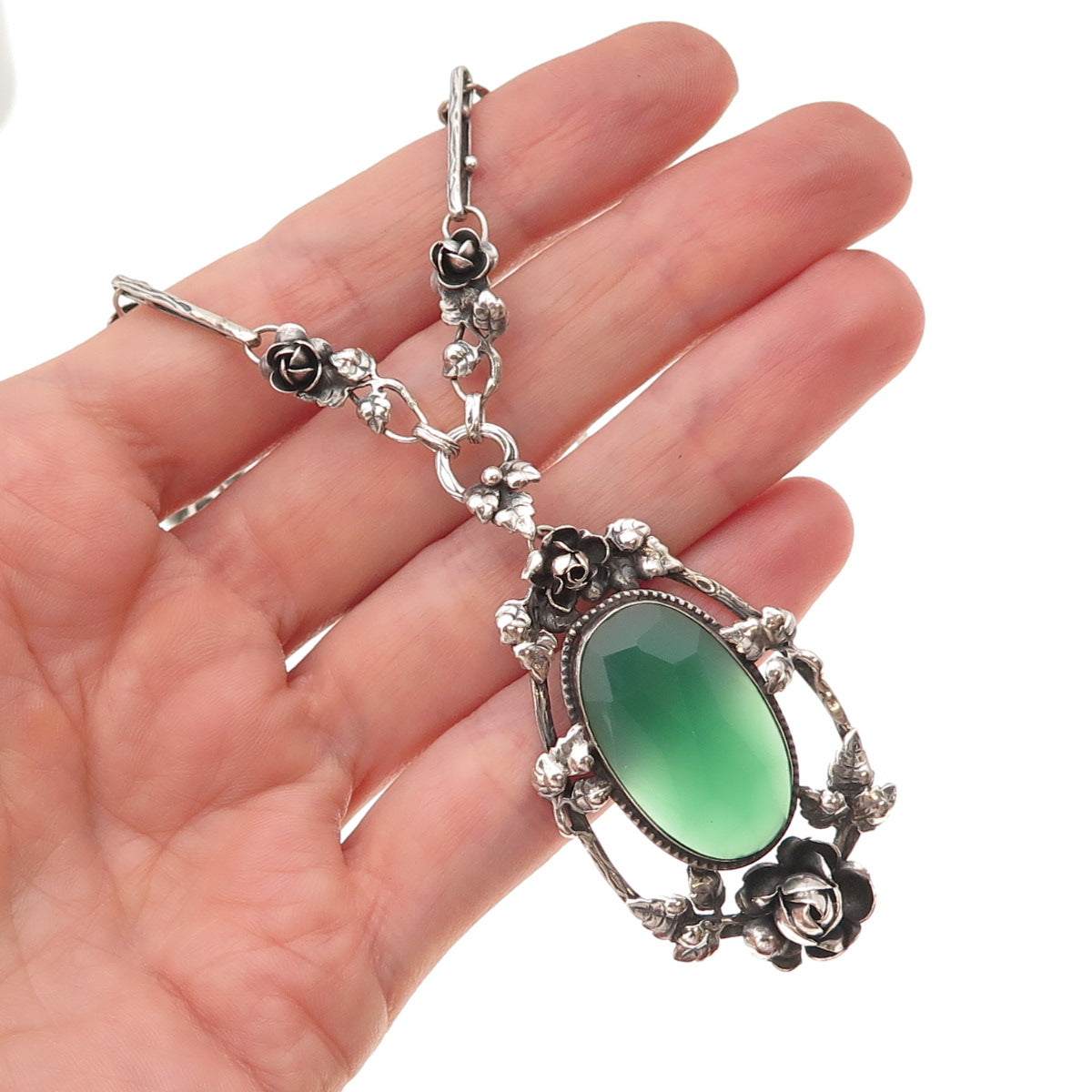 925 Sterling Antique Germany Real Green Onyx Rose Flower Chain Necklace 24"