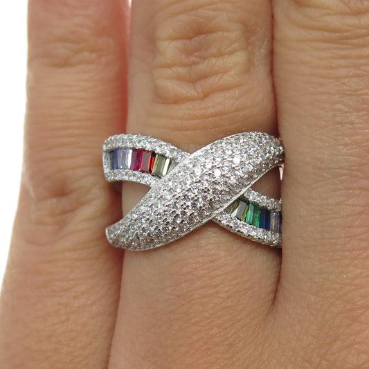 925 Sterling Silver Round Baguette-Cut Multi-Color C Z Crisscross Ring Size 6.25