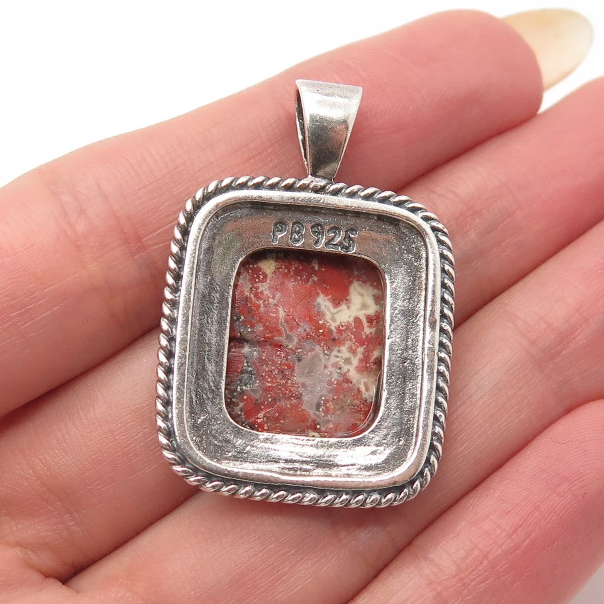 925 Sterling Silver Vintage Real Agate Gem Twisted Square Pendant