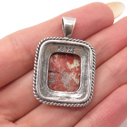 925 Sterling Silver Vintage Real Agate Gem Twisted Square Pendant