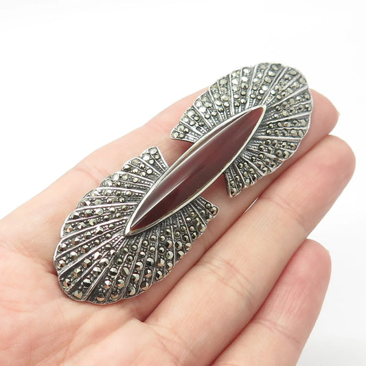 925 Sterling Silver Vintage Real Carnelian & Marcasite Gemstone Pin Brooch