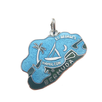 WELLS 925 Sterling Silver Vintage Enamel Bermuda Map Minimalist Charm Pendant