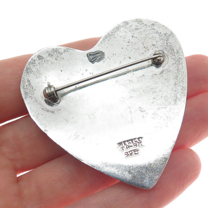 925 Sterling Silver Vintage Mexico Modernist Heart Oxidized Pin Brooch