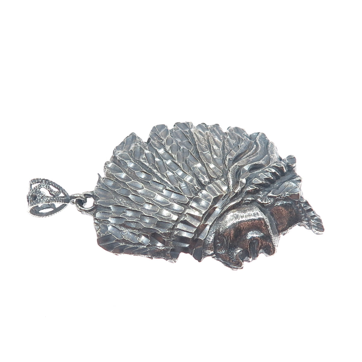 925 Sterling Silver Vintage Southwestern Indian Chief Head Oxidized Pendant