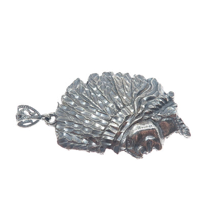925 Sterling Silver Vintage Southwestern Indian Chief Head Oxidized Pendant