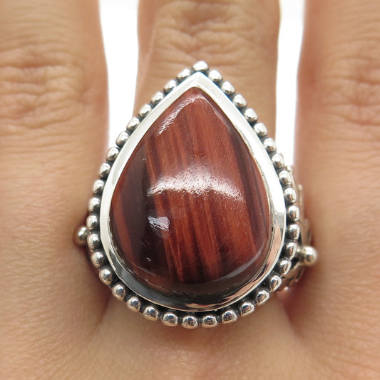 DOUG PAULUS 925 Sterling Silver Vintage Real Pear-Cut Tiger Eye Ring Size 10.25