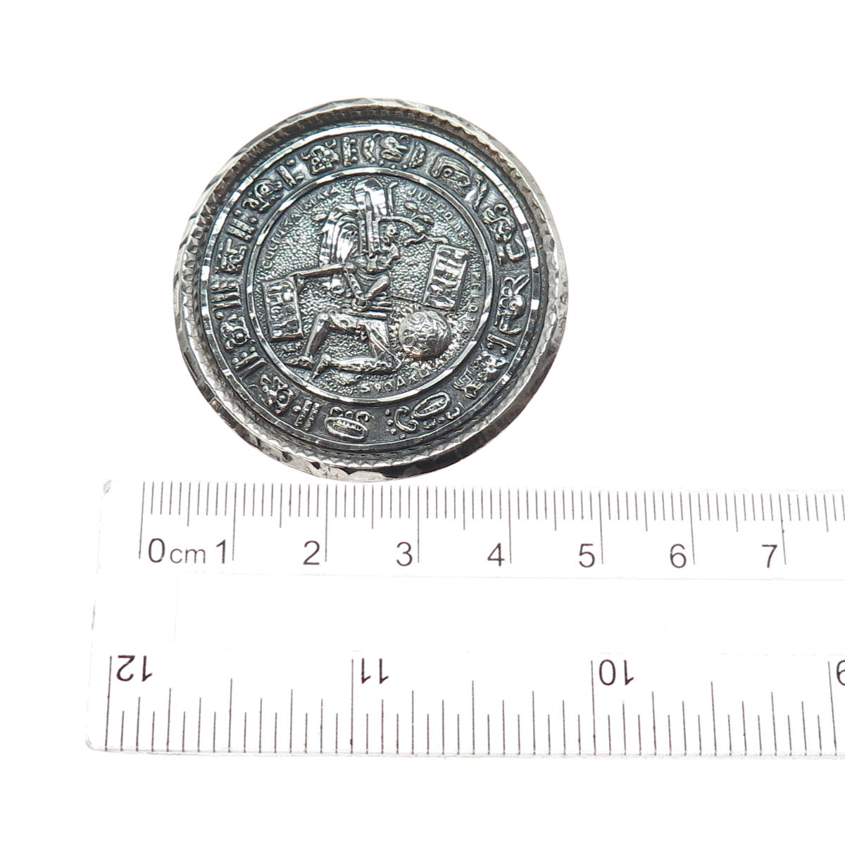 925 Sterling Silver Vintage Mexico Aztec Disc Oxidized Pin Brooch / Pendant