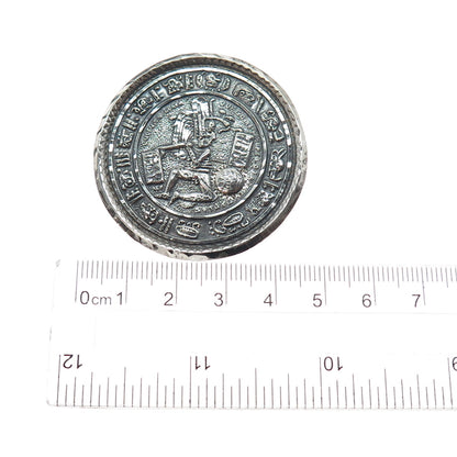925 Sterling Silver Vintage Mexico Aztec Disc Oxidized Pin Brooch / Pendant