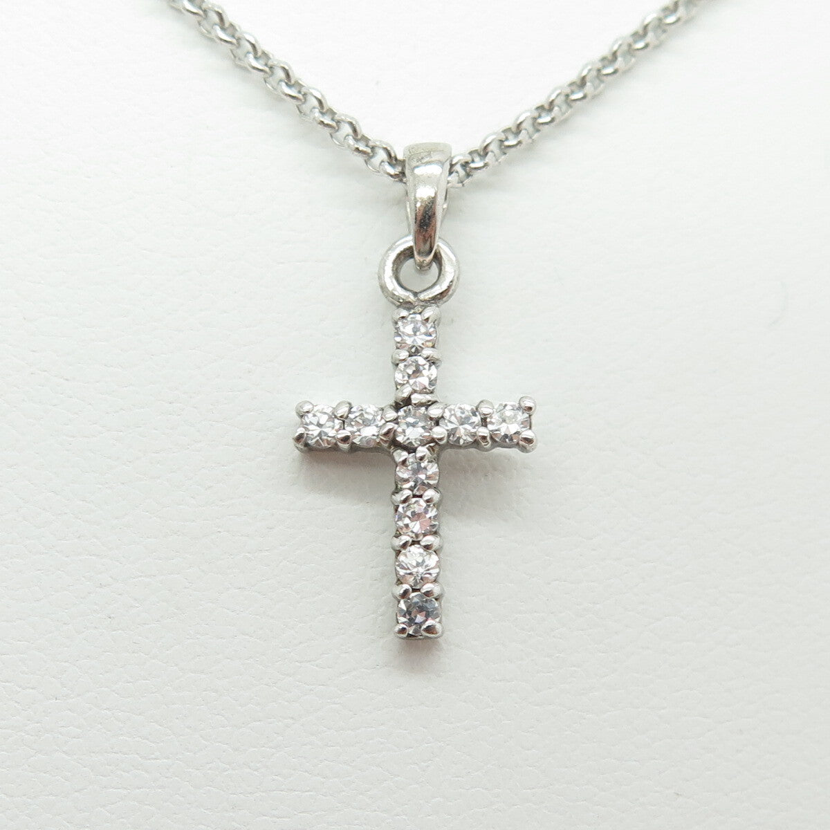 925 Sterling Silver Italy Round-Cut C Z Mini Cross Rolo Chain Necklace 16"