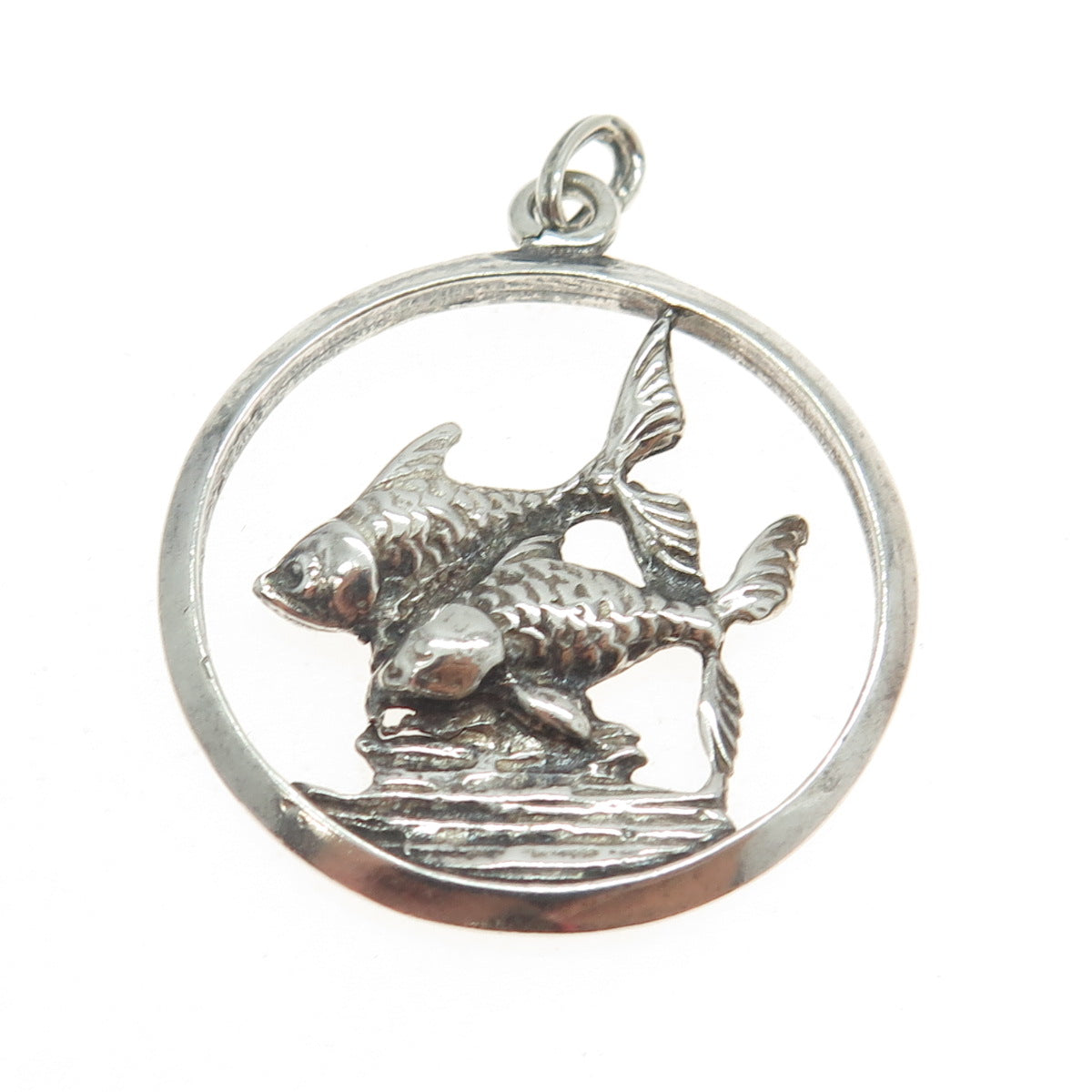 925 Sterling Silver Vintage 1989 Pisces Zodiac Sign Round Pendant