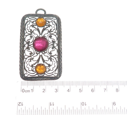 800 Silver Antique France Canary & Pink Rhinestone Filigree Oxidized Pendant