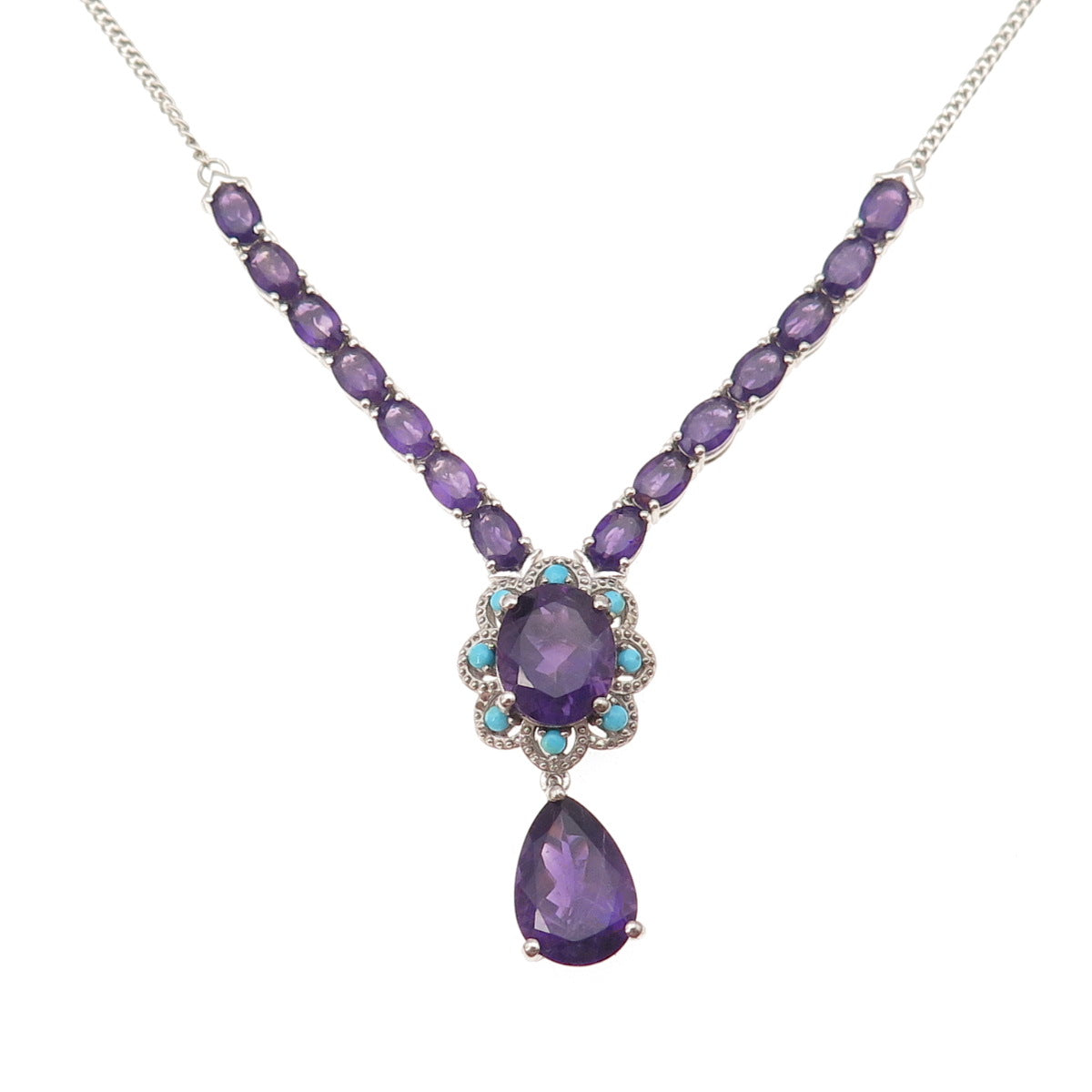 D'Joy 925 Sterling Silver Real Amethyst & Turquoise Cuban Chain Necklace 18-20"