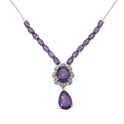 D'Joy 925 Sterling Silver Real Amethyst & Turquoise Cuban Chain Necklace 18-20"