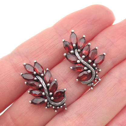 925 Sterling Silver Vintage Real Red Garnet Floral Oxidized Earrings