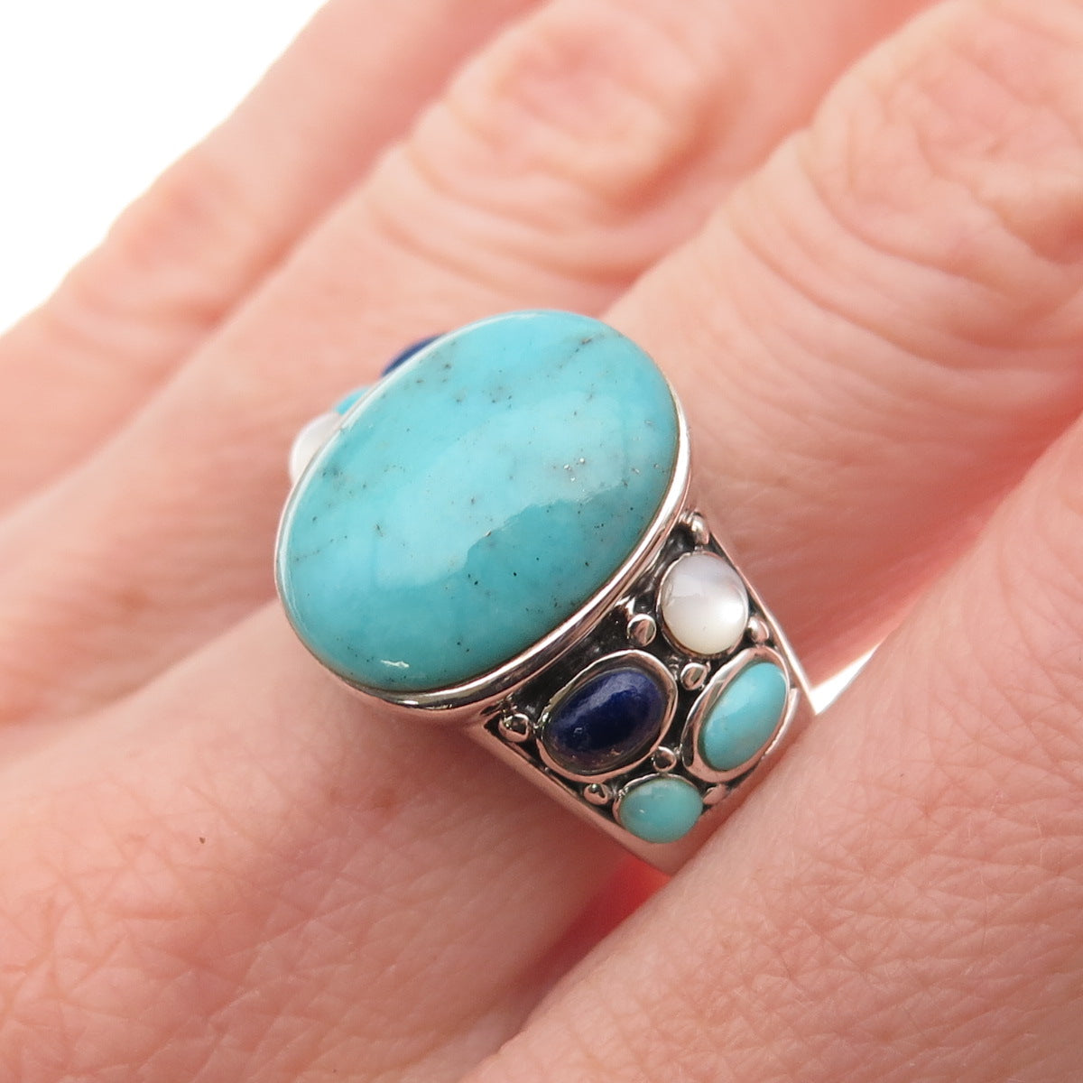 SX Sally C 925 Sterling Silver Vintage Real Turquoise Lapis MOP Ring Size 10