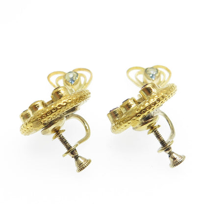 925 Sterling Silver Gold Plated Vintage Rhinestone Heart Screw Back Earrings