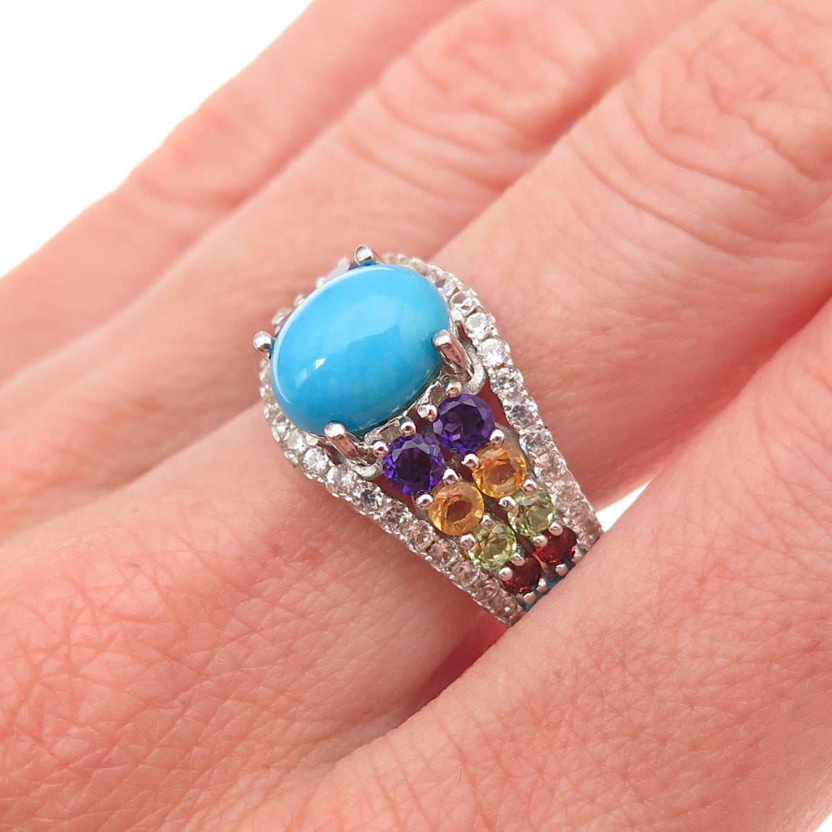 925 Sterling Silver Real Sleeping Beauty Turquoise & Multi-Gem Ring Size 8
