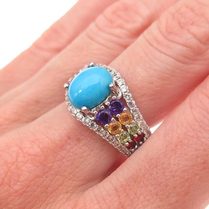 925 Sterling Silver Real Sleeping Beauty Turquoise & Multi-Gem Ring Size 8