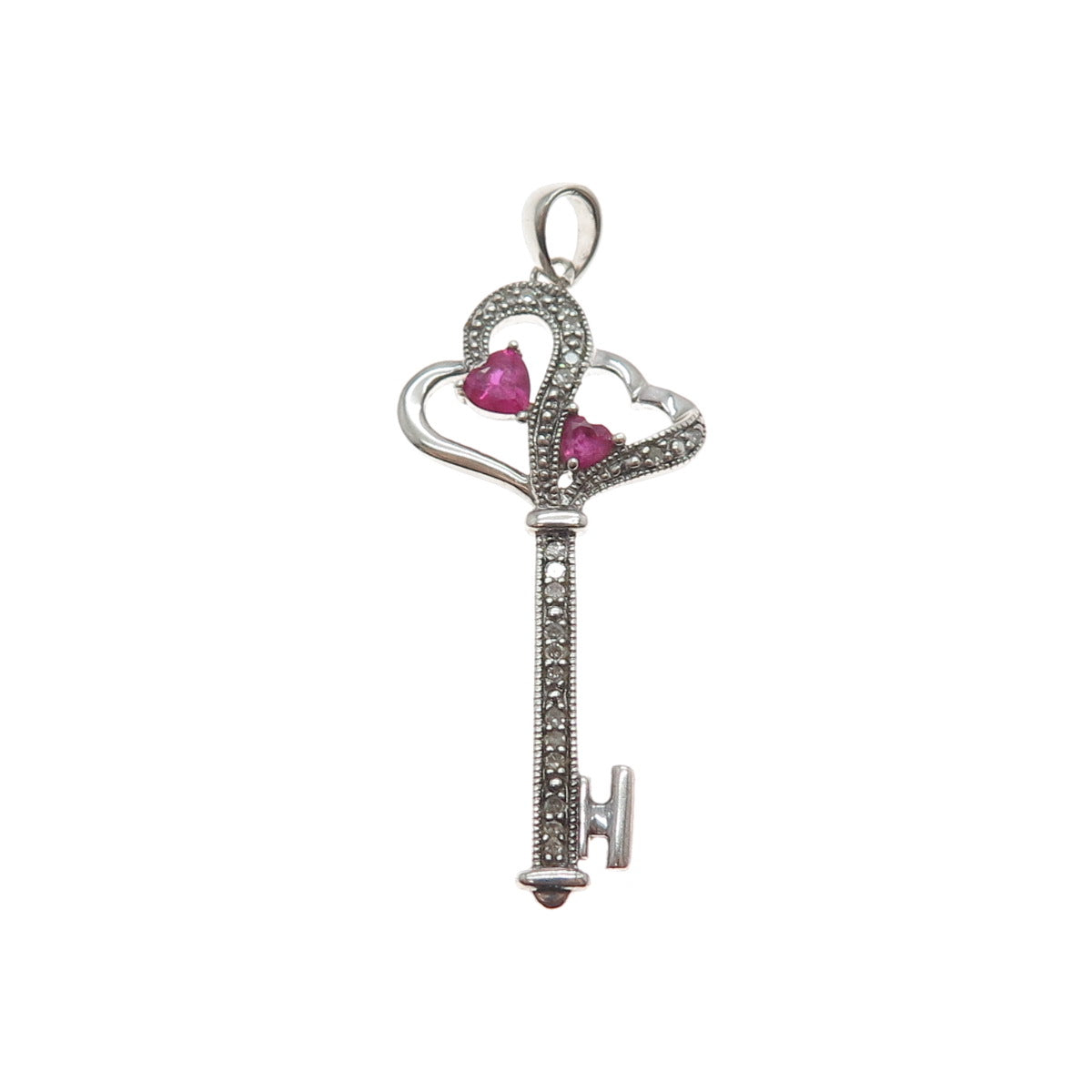925 Sterling Silver Real Diamond & Ruby Heart Key Charm Pendant