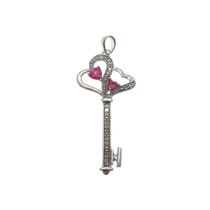 925 Sterling Silver Real Diamond & Ruby Heart Key Charm Pendant