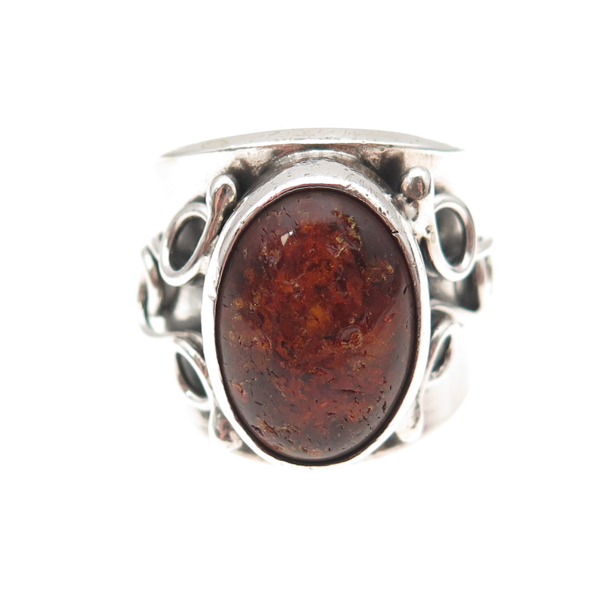 925 Sterling Silver Vintage Poland Real Amber Modernist Oxidized Ring Size 8