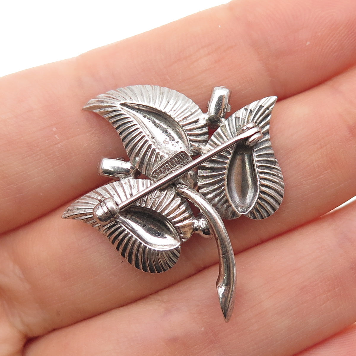 EVERFINE 925 Sterling Silver Antique Art Deco Rhinestone Floral Pin Brooch