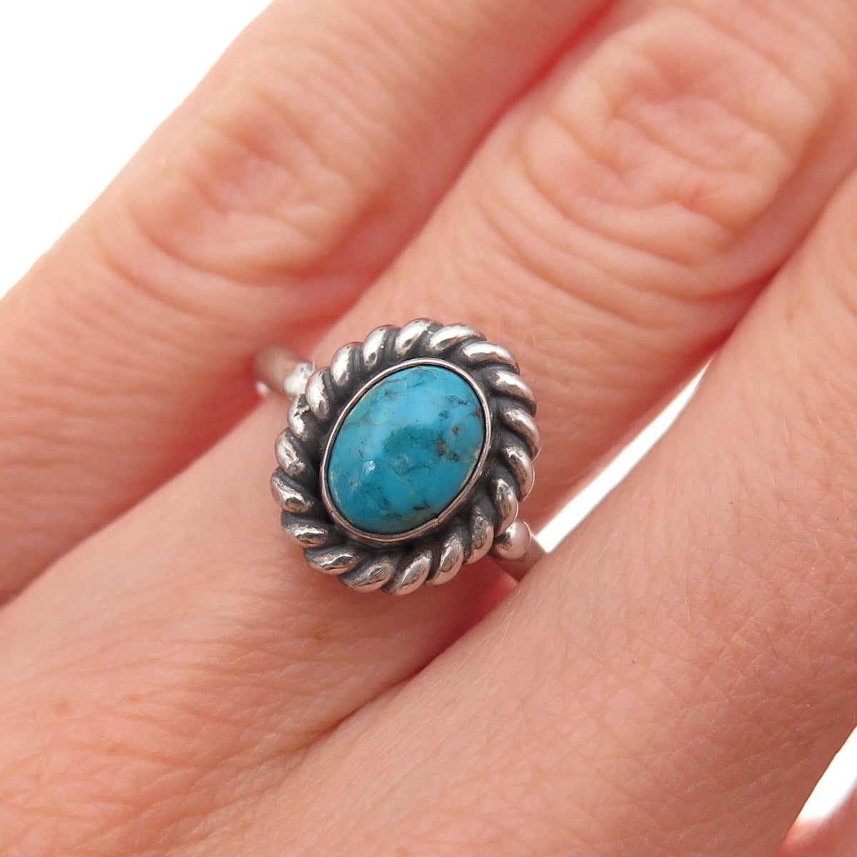 925 Sterling Silver Vintage Real Turquoise Oxidized Ring Size 6